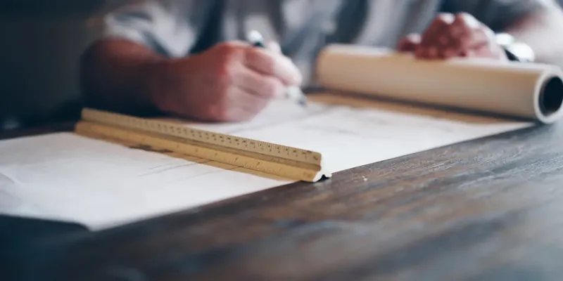 Hand mit Stift und Zollstock über einem Plan auf der Werkbank